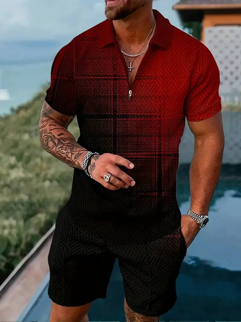 Zipper POLO Shirt Shorts Set Summer Fashion Casual Men's Sports Set 3D Printed Simple Style Lapel Zipper POLO Shirt 2 Sets