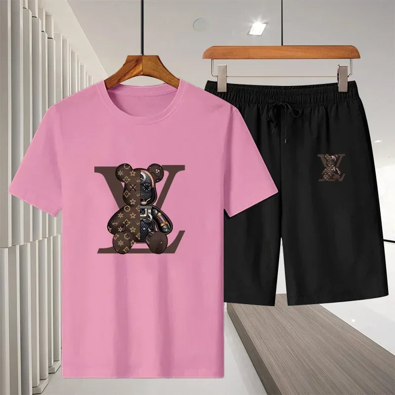 Men's short-sleeved T-shirt sportswear set, summer casual outdoor fashion men's round-neck top + Shorts 2-piece set