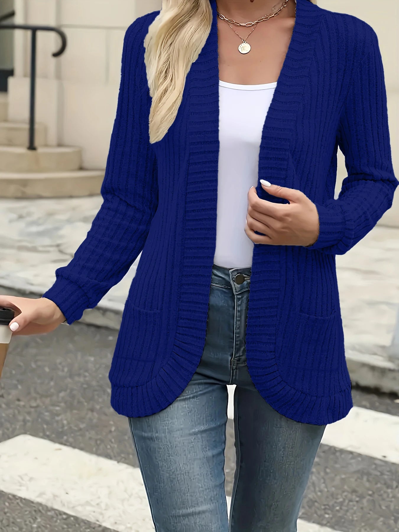 fashion women's solid color casual pit stripe brushed cardigan jacket