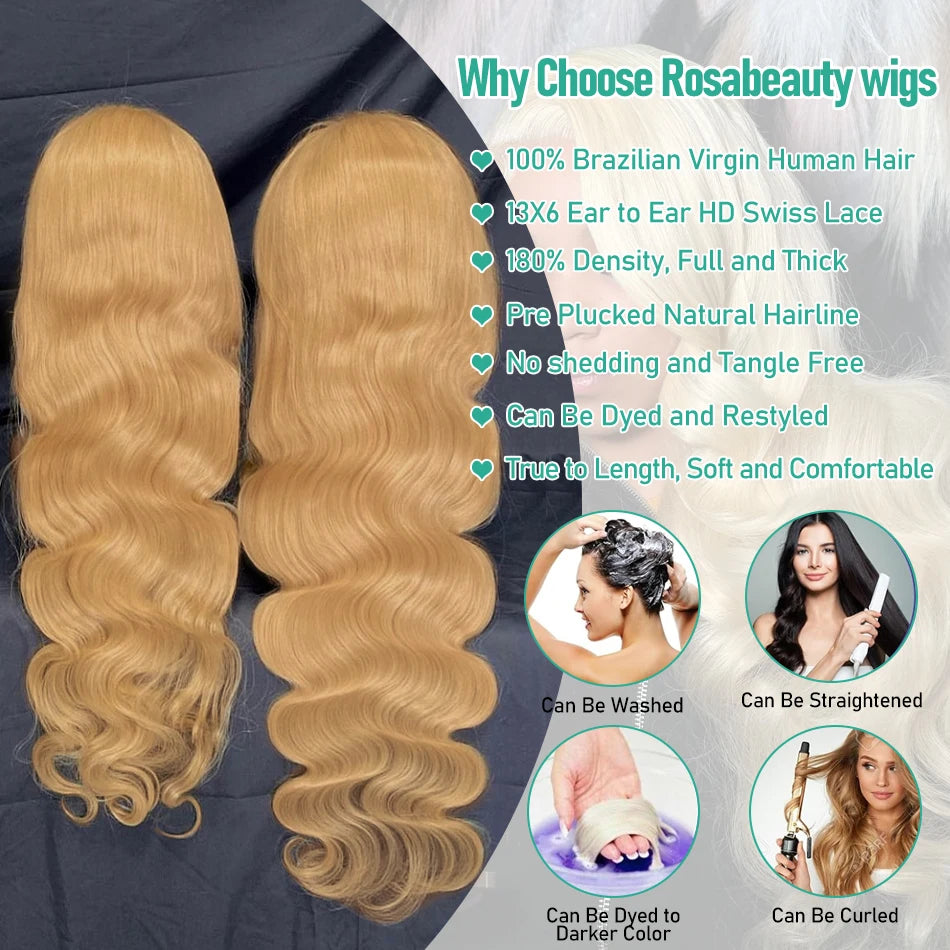 30 34 Inch #27 Honey Blonde Body Wave Wig Brazilian 13x4 Lace Front Human Hair 13x6 HD Transparent Lace