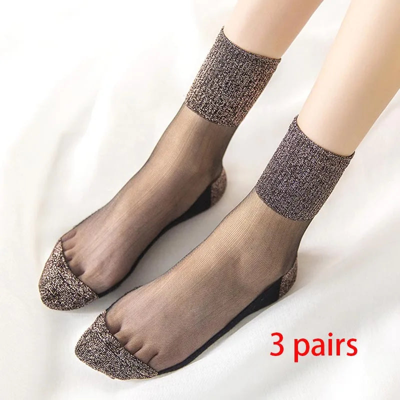 3 Pairs Spring Summer Women's Ultrathin Transparent Socks Glitter Crystal Glass Silk Socks Soft Lace Shiny Elastic Short Socks
