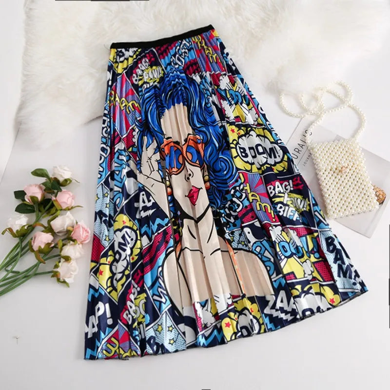 Cartoon Print Pleated  Long Skirt High Waist A-Line