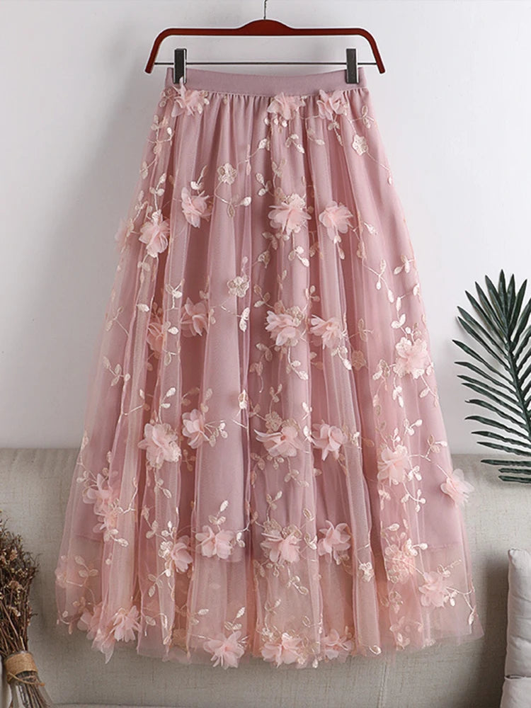 Embroidered Floral Spliced Mesh  High Waist A-line Skirt