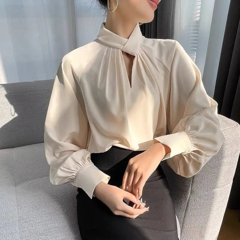 Hollow Ruffled Elegant Blouse  Stand Collar Business Casual Long Sleeve
