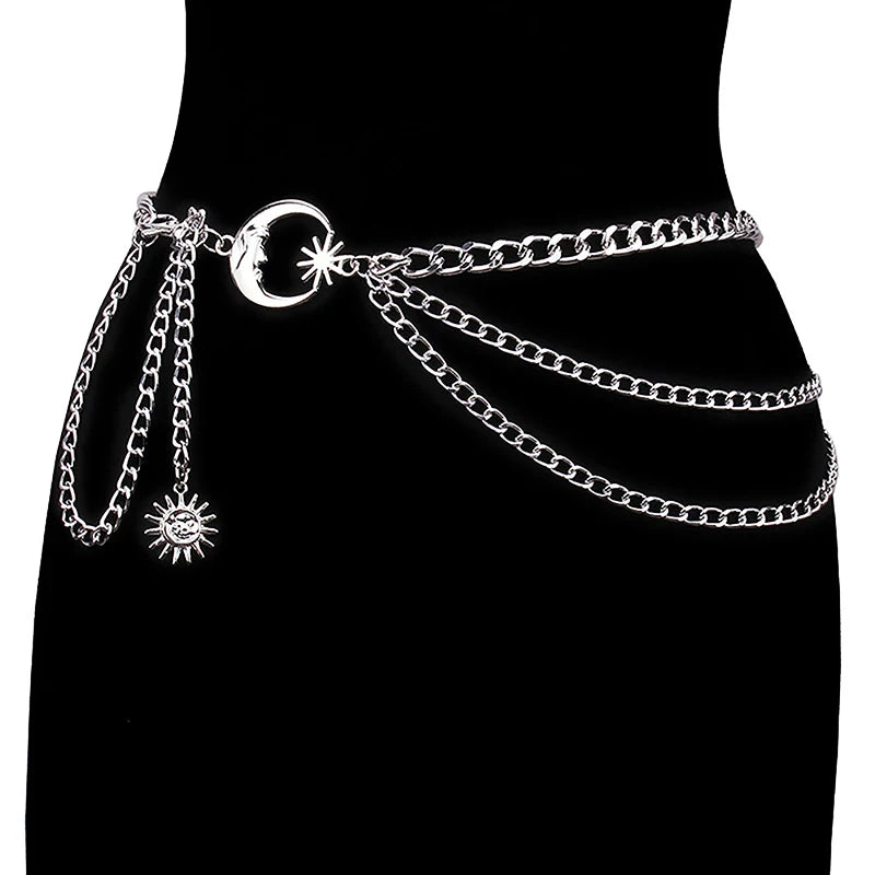 Women Waist Chain Belt for Dress Skirt Belts with Moon Star Waistbands Gold Silver Ladies Clothing Accessories