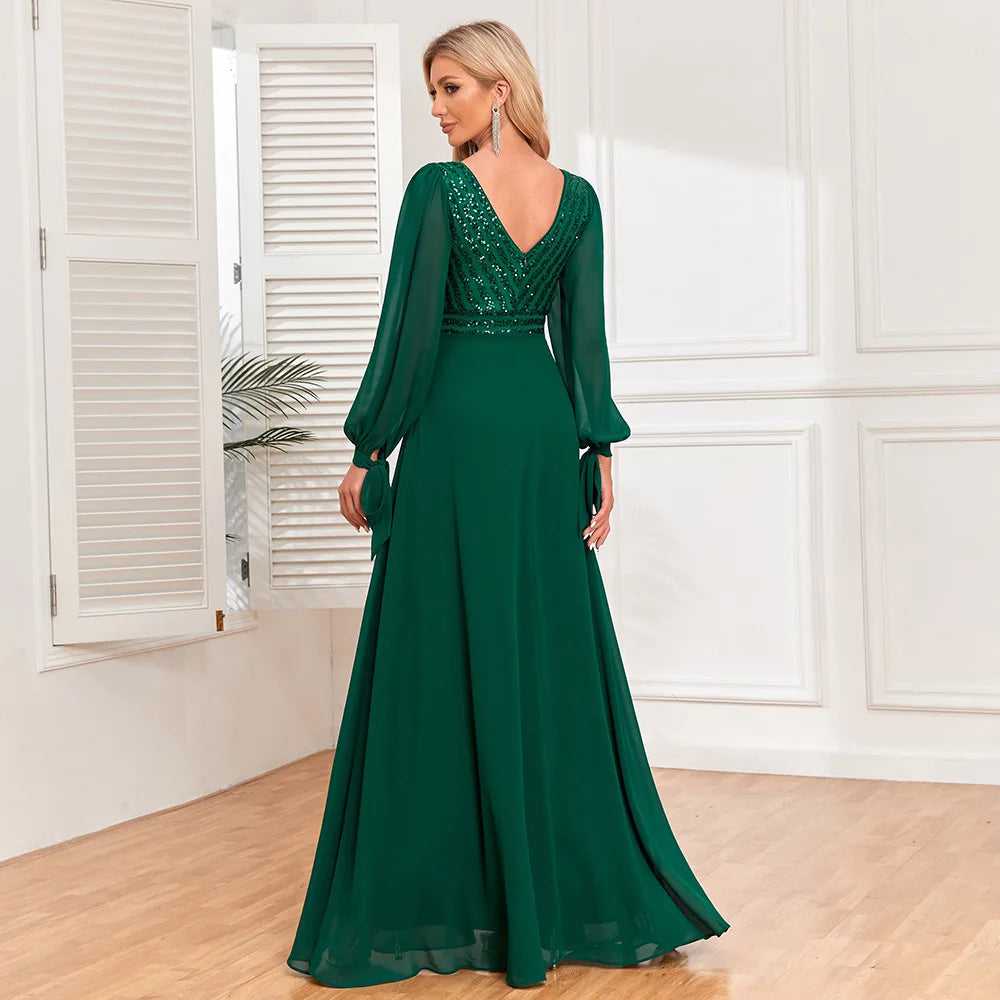 Maxi Dress Soft Satin Green V Neck Beading Long Dress High Waist