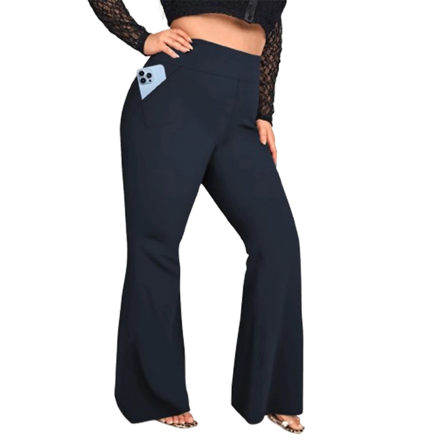 Women Plus Size High Waist Wide Leg Palazzo Pants Solid Color Elastic Waist Flare Trousers Yoga
