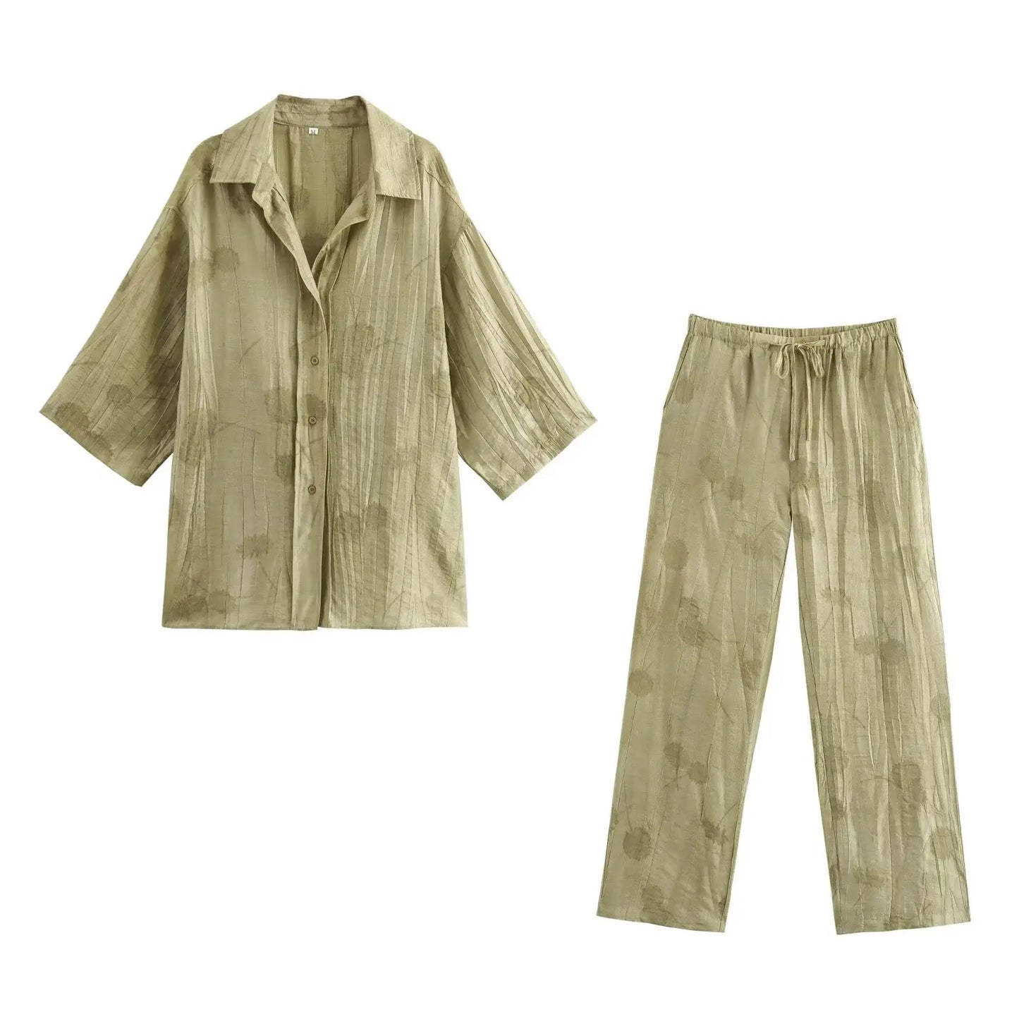 Women's Print Long Pants Sets Lapel Half Sleeve Single Breasted Shirts + High Waist Lace-Up Wide Leg Pants