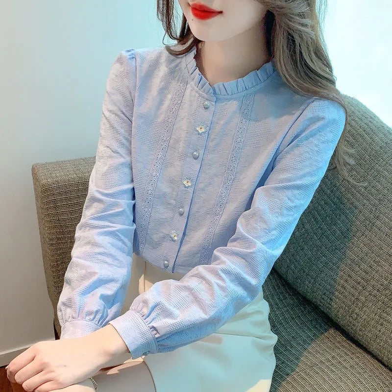 Embroidery Women's Spring Autumn Blouses Lady Casual Long Sleeve Stand Collar Solid Color