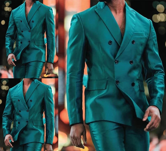 Latest Design Shiny  Jacket Pants Double Breasted Peak Lapel Men Suits Tuxedo Groom Wedding Prom Party