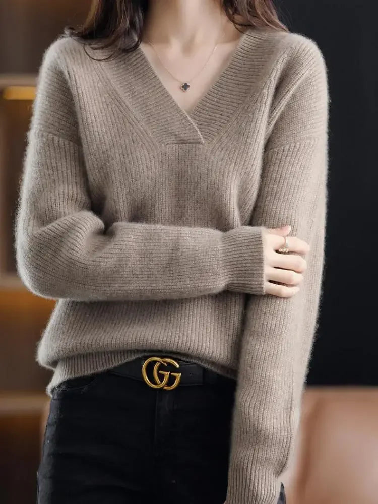 V-Neck Autumn Winter Sweater Pullovers Women's Loose Thick Cashmere Sweater Pullover Women Oversize Sweater Jumper