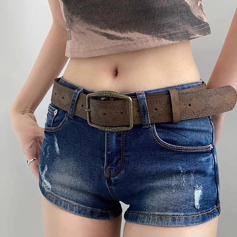 1pc Brown Floral Embossed Belt, Vintage American Style, Casual Ethnic Artisan Leather Belts
