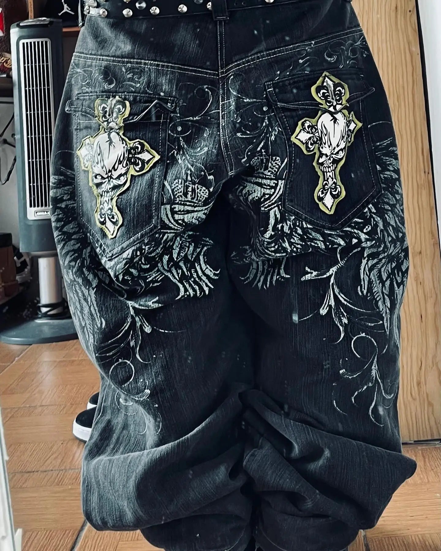 Gothic Retro American Cross Embroidery Patchwork Baggy Jeans  Streetwear Casual Straight Wide-leg Pants