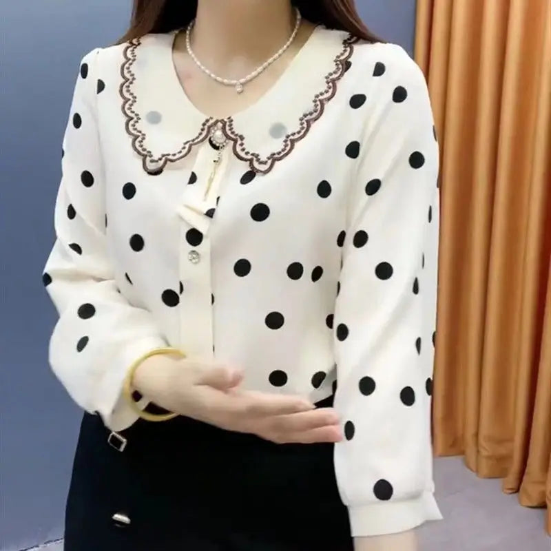 Peter Pan Collar Beading Embroidery Polka Dot Blouse