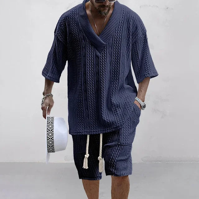 Spring and Summer Casual Shorts Set Knitted Two Piece Men's V-neck Short Sleeve T-shirt and Shorts Street Wear Knitted Set