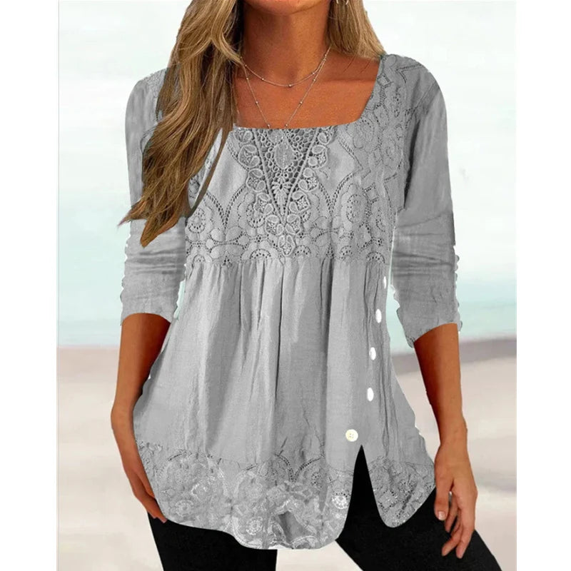 Vintage Elegant Blouse Square Collar Solid 3/4 Sleeve