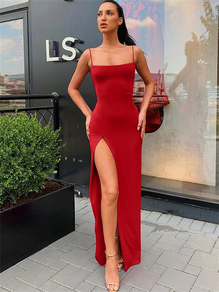 Women Summer Sexy Bodycon Dress Lady Sexy Spaghetti Strap Sleeve Split Solid Color Sheath Dress