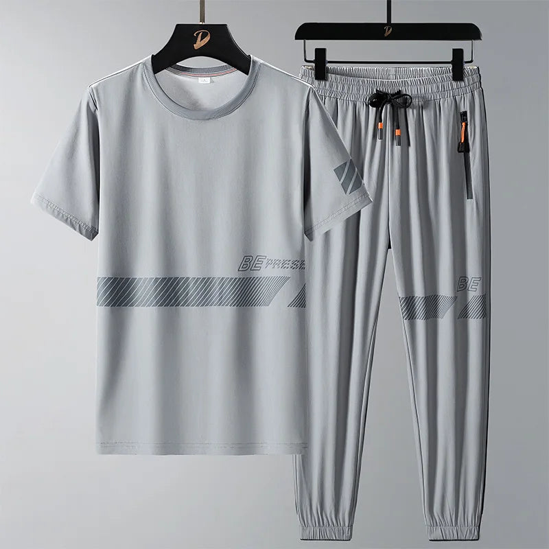 Men T Shirt Suit Pants 2 Piece Set Oversize 6XL 7XL 8XL Plus Size Short Sleeve Black T-shirts Summer Fashion Loose
