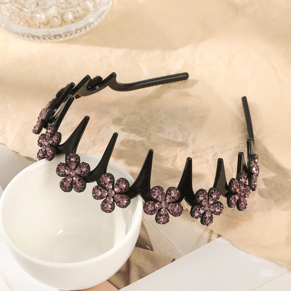 Flower Rhinestone Wave Hairband Headbands Hair Hoops Women  Retro Hair Hoops Face Wash Hairpin Fluffy Texture Toothed Comb