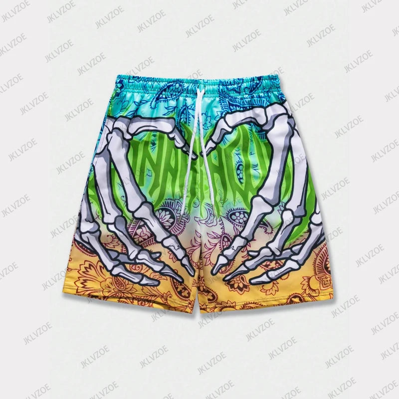 Summer Trend Skeleton Hand Graphic Beach Shorts For Men Fashion Cool 3D Printed Short Pants Loose Surfing Hip Hop Swim Trunks