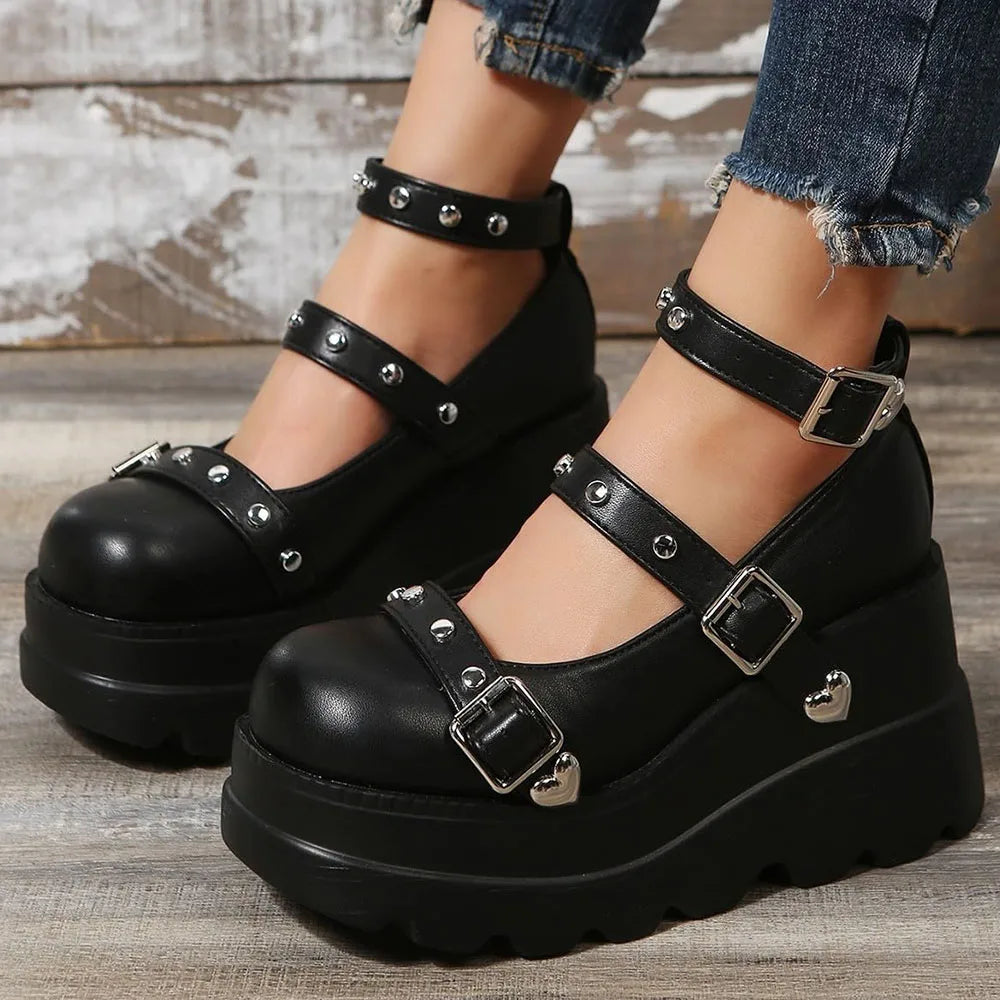 Retro Round Toe Heel Studded Punk Mary Jane