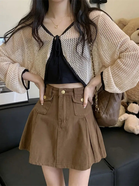 Sun Dried Knitted Cardigan for Women's Spring Thin Design Short Hollow Lace Up Long Sleeved Top