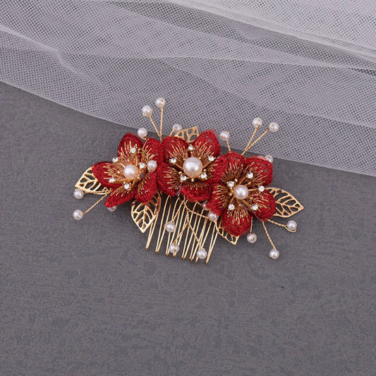 Red Floral Hair Comb Accessories Golden Pearl Hairpin Charm  Wedding Headpiece Bride  Hair Jewelry