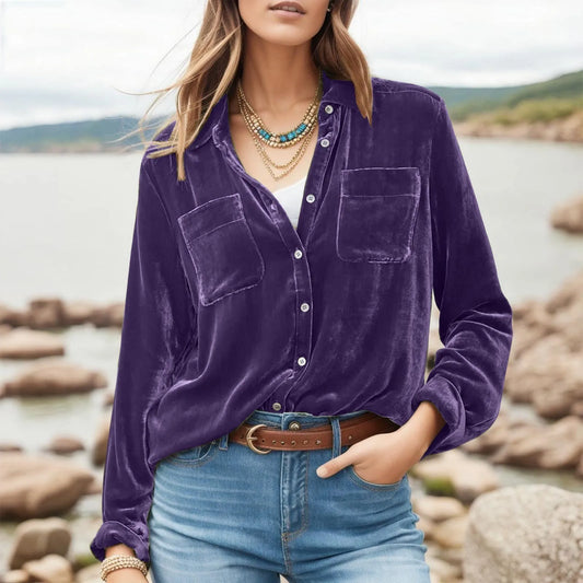 Elegant Velvet Shirt Women V Neck Long Sleeve Loose Fitting Temperament Blouse Tops Casual Versatile Shirts