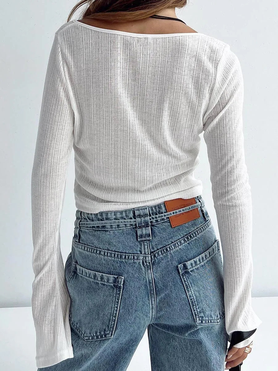 Women Crop Top Long Sleeve Tie-up Solid Color