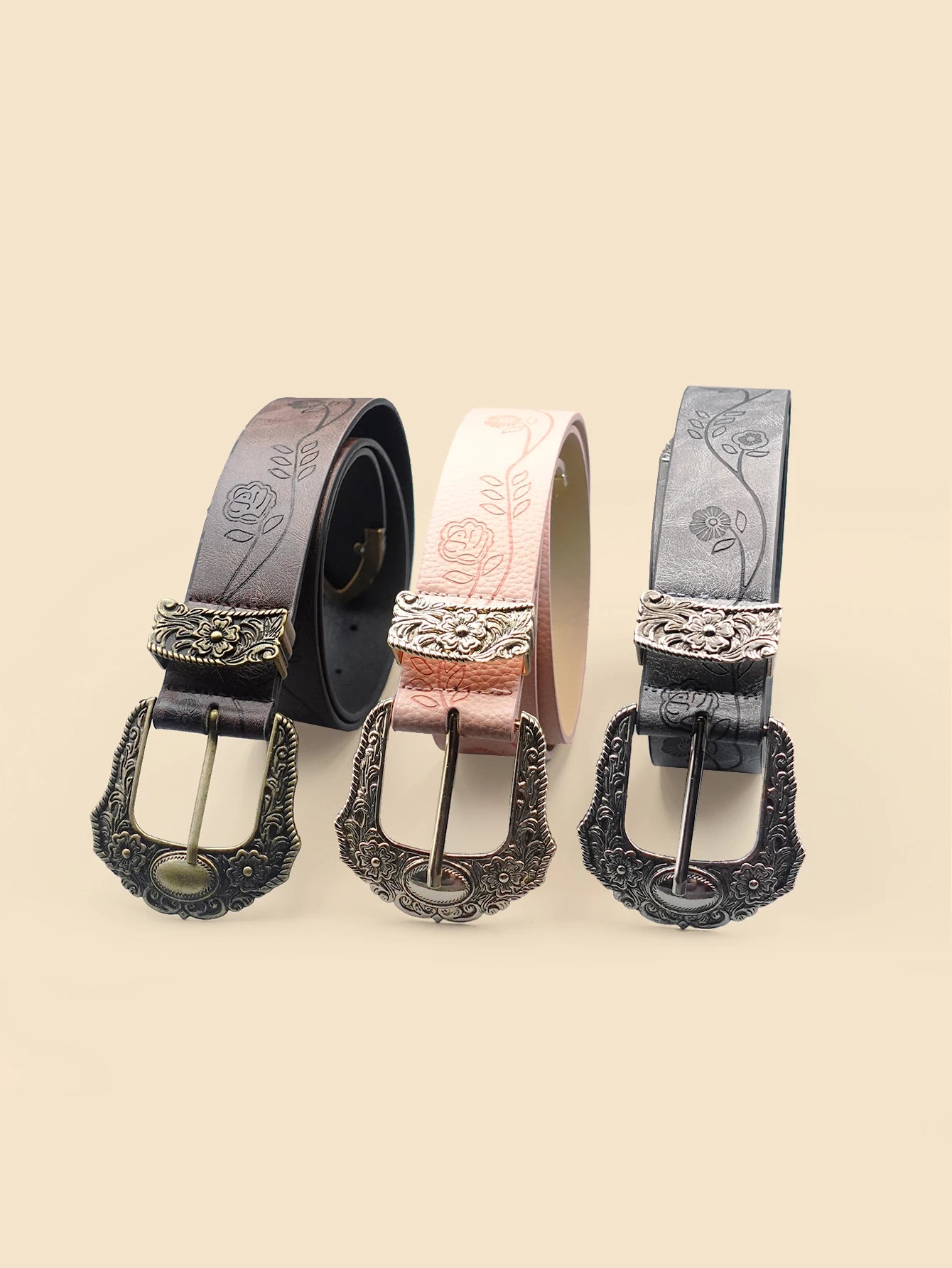 Western Style Printed Solid Color Pu Belt Buckle, Retro Casual Women's Belt, Classic Jeans Decorative Belt