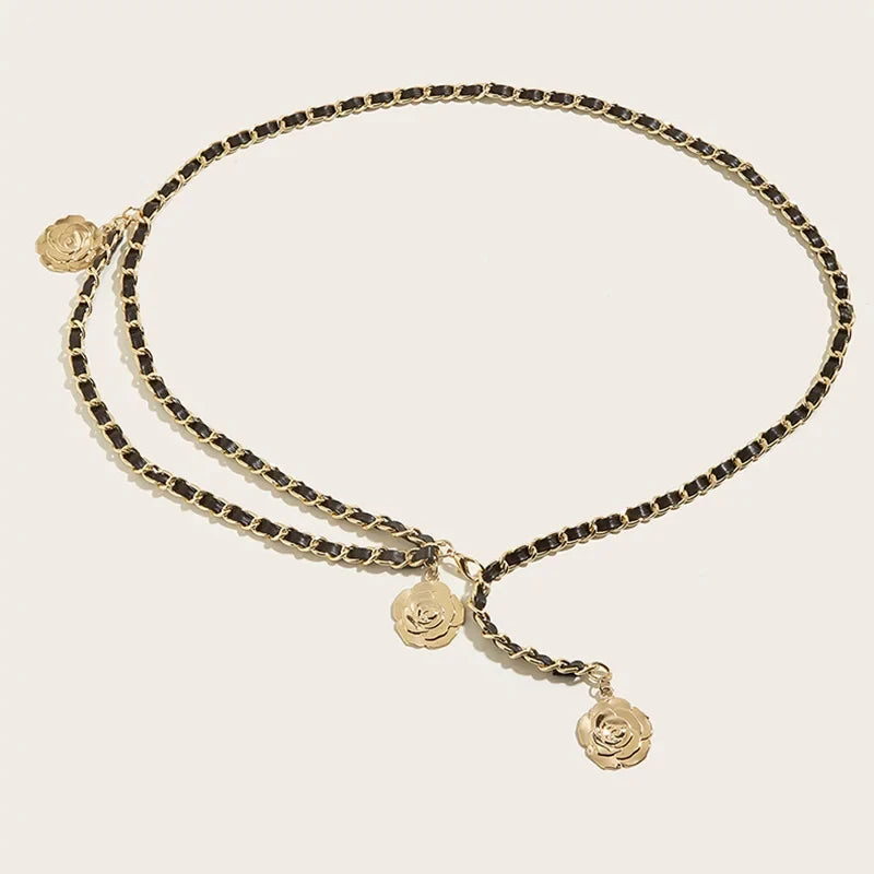 High Quality Metal Waist Chain Belts For Women Round Flower Pendant Chain Strap Rope Female Fine Waistband