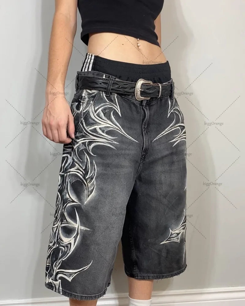 Street Hip-hop Classic Personalized Printed Straight Loose Fashion Jeans Retro  Casual All-match Shorts Women