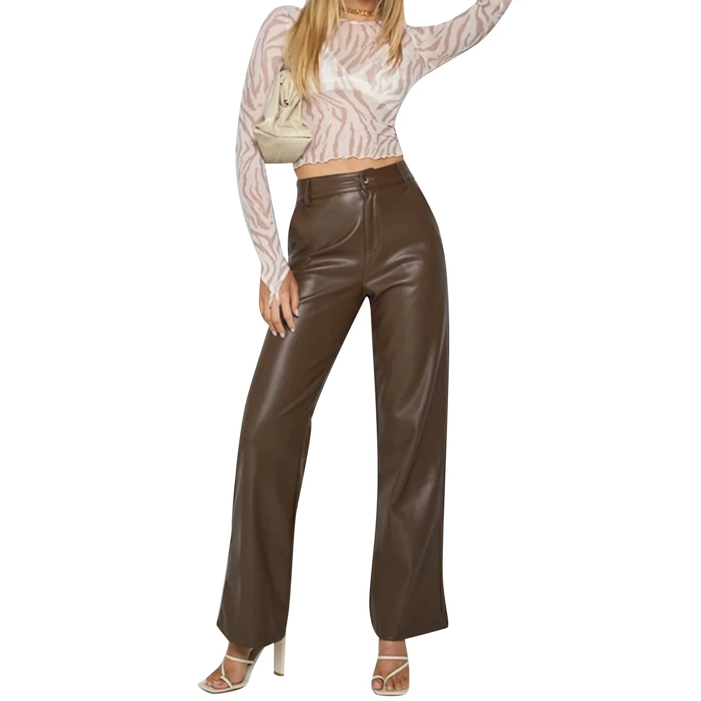Women s Casual Loose Fit Trousers with Pockets High Waist Solid Color Straight-leg Pants in Faux Leather
