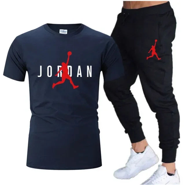Summer Men's Tracksuit Suit Brand Short Sleeve T-Shirt + Trousers 2-Piece Sets Fitness Jogging Sports Pants Sportswear Suit