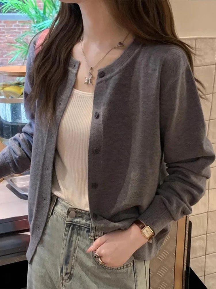 Cardigan Sweater Casual Warm Spring Summer Women O-neck Long Sleeve Single Breasted Slim Fashion