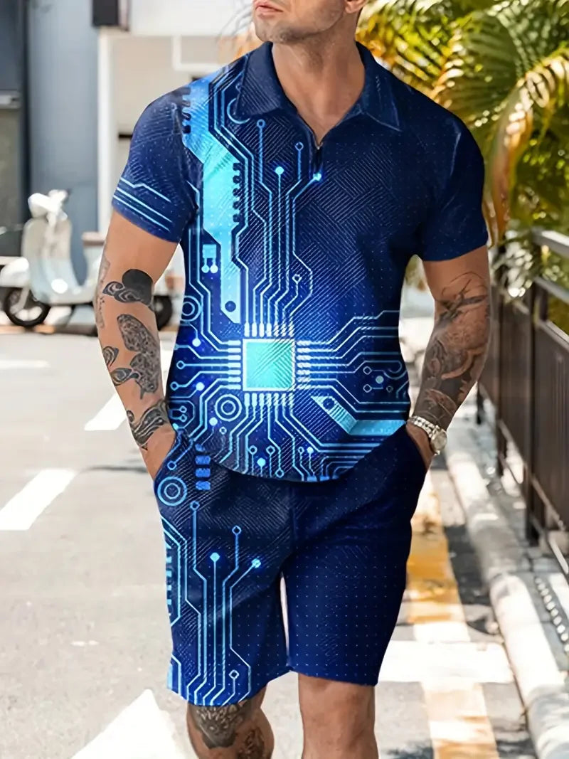 Zipper POLO Shirt Shorts Set Summer Fashion Casual Men's Sports Set 3D Printed Simple Style Lapel Zipper POLO Shirt 2 Sets