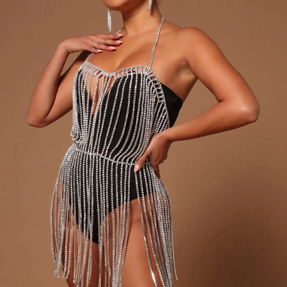 Sexy Rhinestone Body Dress Harness Bodysuit  Rave Lingerie Tassel Body Chain  Jewelry