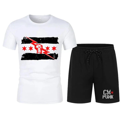 Men's black CM return punk T-shirt shorts suit summer short-sleeved men fashion comfortable loose clothing suit