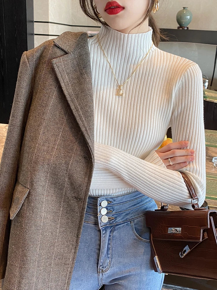 Elegant Solid Basic Knitted Tops Women Mock Turtleneck Sweater Long Sleeve Casual Pullover Simple Chic Clothes