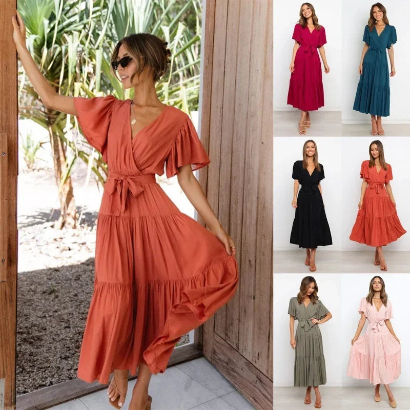 Bohemian V-Neck Short Sleeve Waist-Cinched Dress Skirt Dress