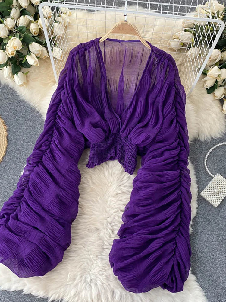 Summer Sexy Draped Chiffon Blouse For Women Elegant V-Neck Puff Long Sleeve Short Tops