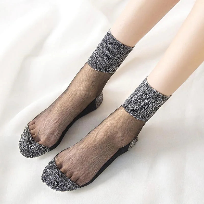 3 Pairs Spring Summer Women's Ultrathin Transparent Socks Glitter Crystal Glass Silk Socks Soft Lace Shiny Elastic Short Socks