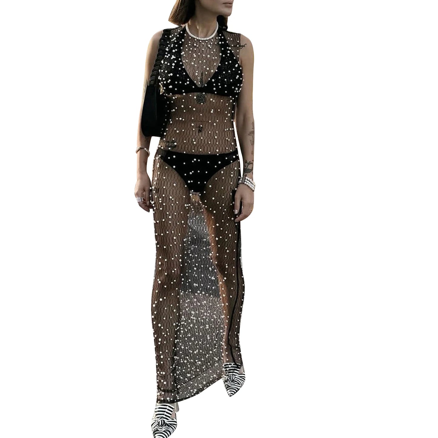 Women s Sheer Mesh Dress Sleeveless Round Neck Pearl Studded Long Dress Bikini Cover Up Dress