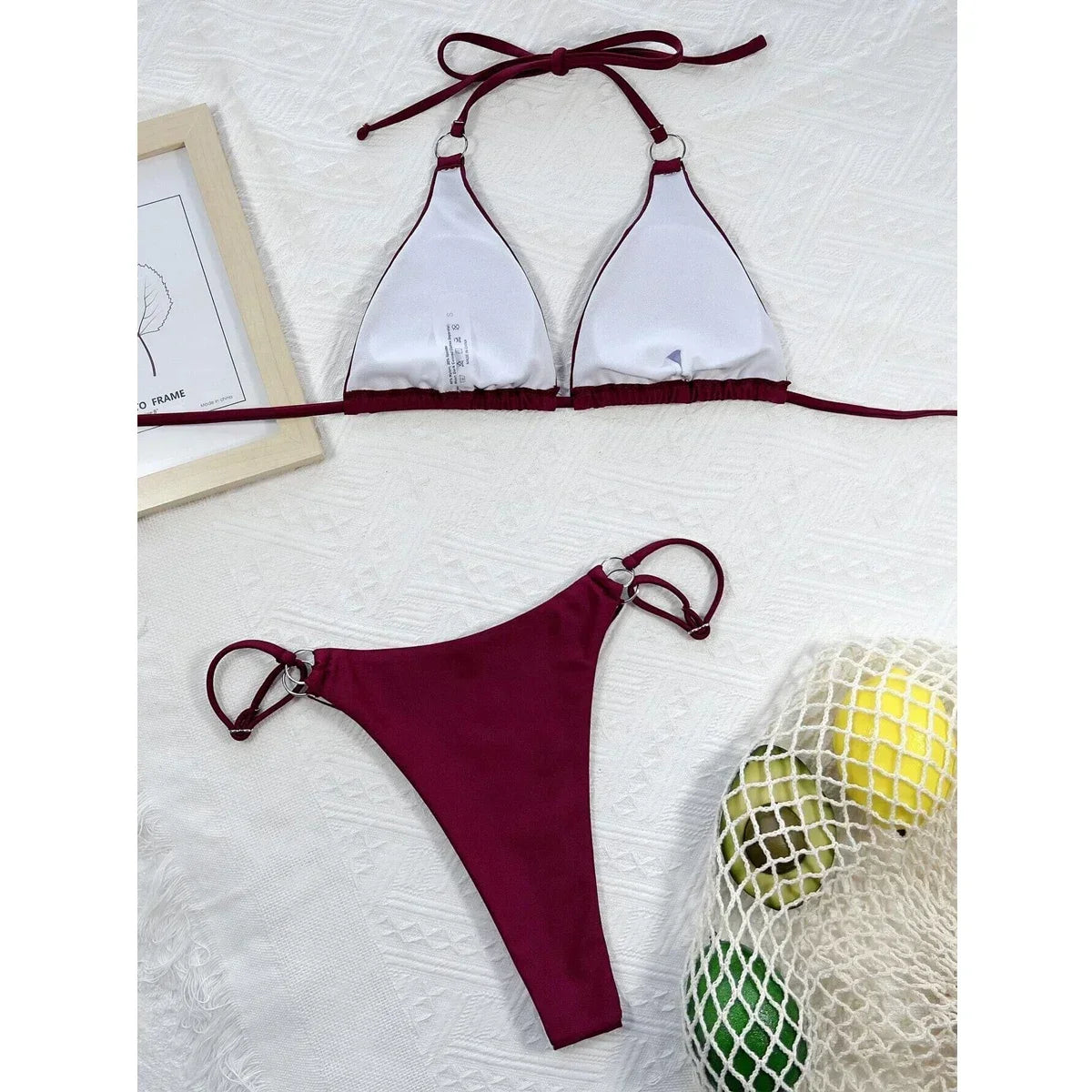 Solid Color Swimsuit Women 2 Piece Bikini  Triangle Cup Halter Lace-up Backless Bathing Suit Low Waist Summer Beachwear