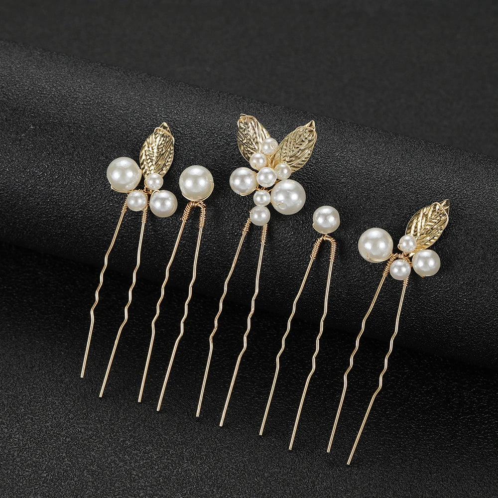 Pearl Flower Hair Comb  Wedding Hairpin Alloy Leaf  Shaped Hair Clips Floral Headpiece Bridal Hair Jewelry Accessories