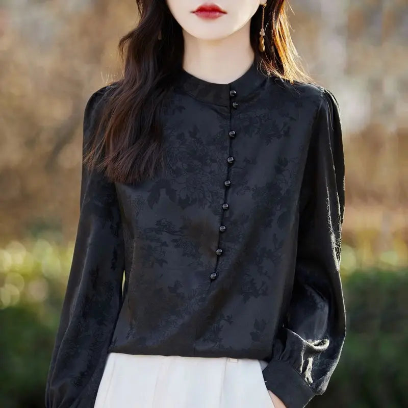Stand-up Collar Long-sleeved Top Retro All-match Chic Shirt