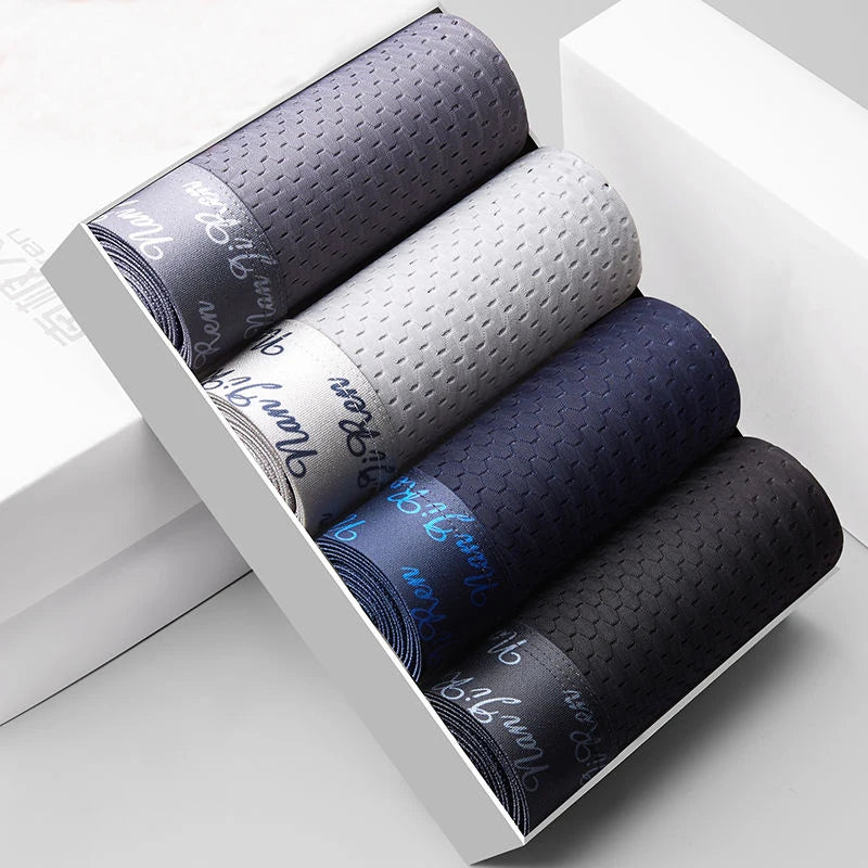 4pcs Men's Boxer Shorts Ice Silk Underwear Plus Size Underpants Cool Breathable Sexy Slim Mesh