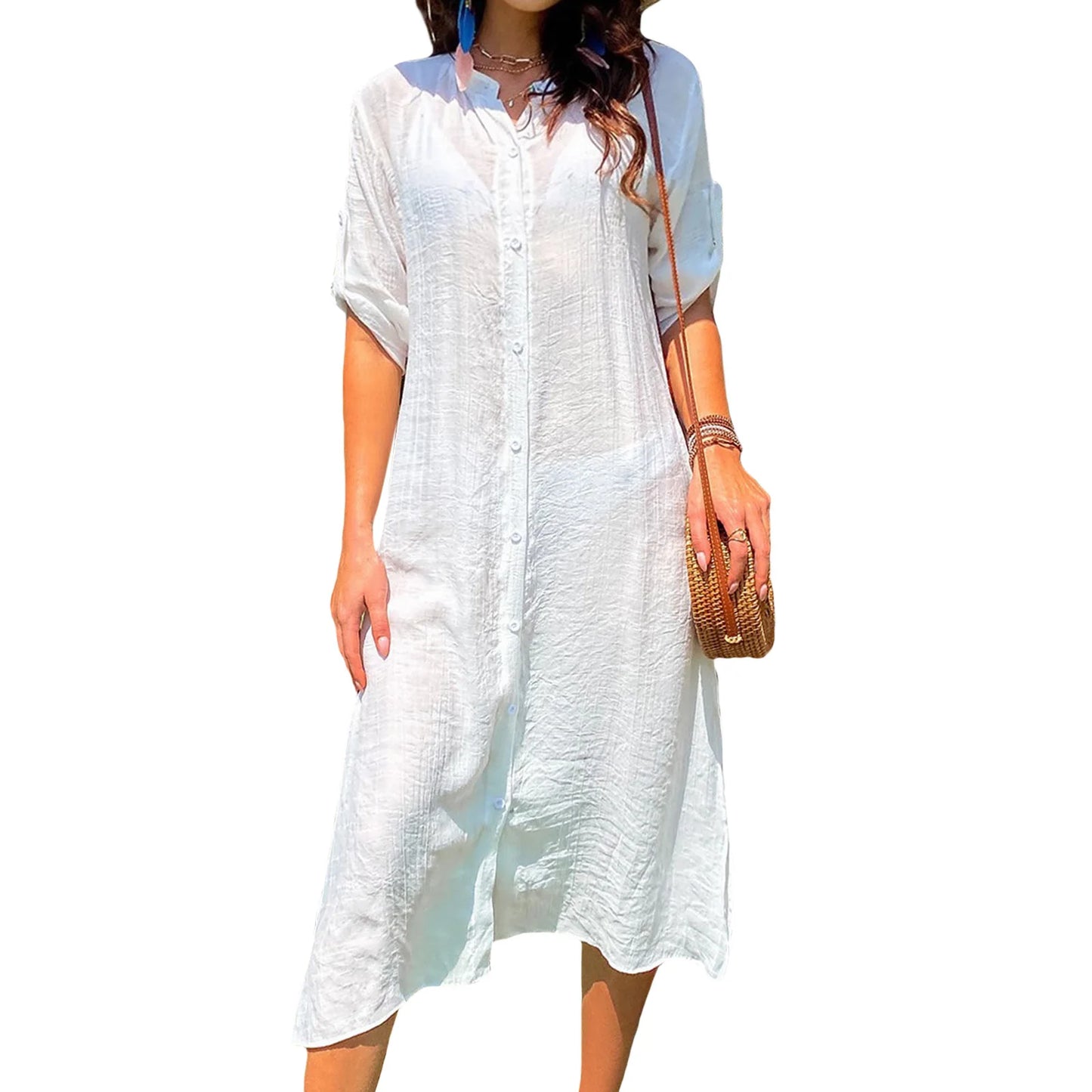 Loose Bikini Cover Up Solid Color Short Sleeve Button Down Shirt for Summer Swimsuit