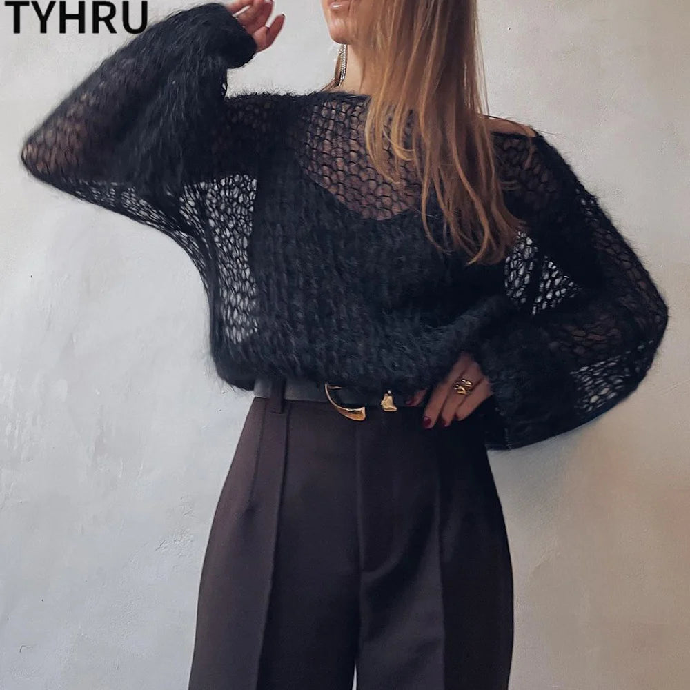 Women's Knitted Sweaters Lady Hollow out Mesh Thin Pullover See Through Look Lantern Sleeve Loose Tops Smock