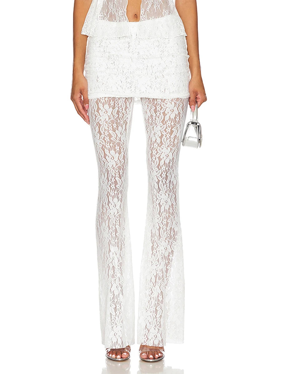 Elegant Lace Overlay Flared Pants with Elastic Waistband and Skirt Detail Stylish Bell Bottom Trousers for Women